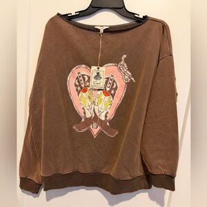 Easel womens Brown Cowboy boot sweatshirt Size Small NWT